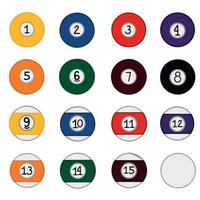 een set biljartballen in verschillende kleuren met nummers van 1 tot 15. illustratie isolatie op witte achtergrond. vector illustratie
