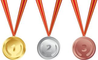 medailles set illustratie, gouden zilveren en bronzen medailles op linten vector