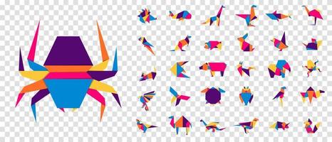 kleurrijke origami dieren. abstracte veelhoek dieren. gevouwen papier vormen. vector dierlijke pictogrammen instellen. origami. een set origami. vector illustratie