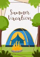 een mooie ansichtkaart voor een uitnodiging voor zomerkamperen, wandelen, reizen, openluchtrecreatie. platte vectorillustratie voor poster, spandoek, flyer. vector