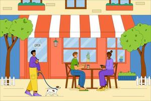 mensen ontspannen en drinken buiten koffie. het gebouw van het zomercafé met tafels en stoelen buiten. vriendelijke man met een hond ontspannen in de frisse lucht. vectorconcept van een zomercafé vector