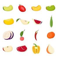 set van halve groenten en fruit plakjes. vegetarisch eten, gezond eetconcept. avocado, perzik, vijg, kers, kiwi, peer, peper tomaten platte vectorillustratie vector