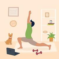 vector illustratie man doet yoga in haar appartement met hond