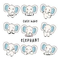 set van baby blauwe olifant jongen doodle tekening cartoon kinderkamer vector