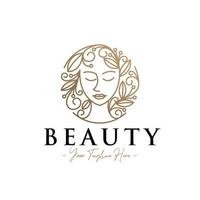 schoonheid vrouw hoofd vrouwelijke lijntekeningen met bloemen natuurlijk goud logo vector