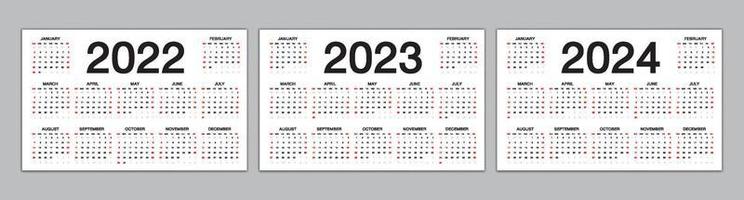 kalender 2022, 2023, 2024 jaarsjabloon, eenvoudige kalender, bureaukalenderontwerp, wandkalender, week begint vanaf zondag. set van 12 maanden, planner, poster, vector eps10