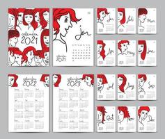 bureaukalender 2021 sjabloon set, kalender 2022-2023, belettering kalender, handgetekende cartoon hipster mensen vector illustratie kan worden gebruikt voor briefkaart, cadeaubon, spandoek, poster en afdrukbare