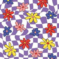 retro groovy madeliefje bloemen achtergrond 1970 en 1960 stijl. psychedelisch trippy vectorbehang met cartoon madeliefjebloemen vector