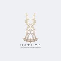 Hathor Egyptische godin met lijn stijl logo pictogram ontwerpsjabloon. elegante, luxe gouden vrouw in platte moderne mono-line stijl, vectorillustratie vector