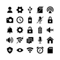 basis ui glyph-pictogrammen inclusief gebruiker, uitrusting, poort, geheugenkaart, wifi, camera, klok, batterij, microfoon, hangslot, bel, zon, hangslot, batterij, luidspreker, luidspreker, wifi, chat, microfoon, thuis, enz vector