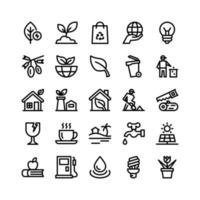 ecologie lijn iconen inclusief blad, zaad, zak, hand, lamp, fruit, verlof, blad, vuilnisbak, man, huis, fabriek, huis, man, hout, glas, kop, strand, kraan, zonne-energie, boek, biobrandstof, druppeltjes , lamp, bloem vector