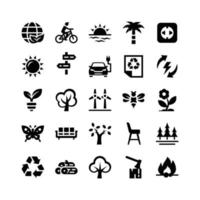 ecologie glyph-pictogrammen, waaronder aarde, fiets, zonsondergang, palm, stopcontact, zon, teken, auto, papier, stroom, plant, boom, windmolen, bij, bloem, vlinder, stoelen, boom, stoel, bos, recyclen, hout, boom, bijl, enz vector