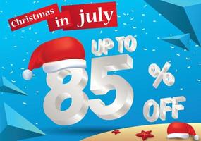 Kerst grootste verkoop in juli, poster of banner sjabloon, met kerstmuts en 3D 85 procent kortingsaanbiedingen. vector