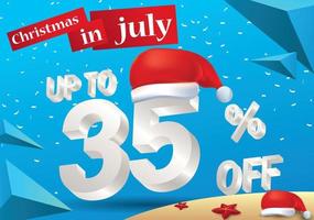 Kerst grootste verkoop in juli, poster of bannersjabloon, met kerstmuts en 3D 35 procent kortingsaanbiedingen. vector