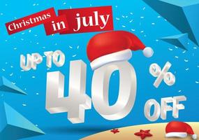 Kerst grootste verkoop in juli, poster of banner sjabloon, met kerstmuts en 3D 40 procent kortingsaanbiedingen. vector