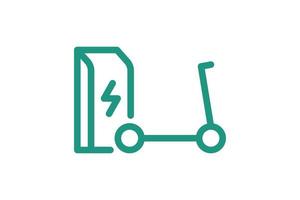 elektrische duwscooter opladen in lineair pictogram van het laadstation. elektrische kick e-scooter energie opladen groen symbool. milieuvriendelijk elektrisch voertuig opladen teken. batterij aangedreven ev transport. eps vector