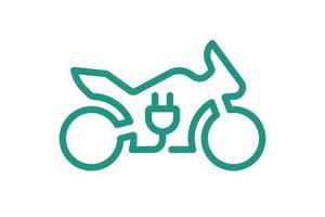 elektrische sportbike icoon. groene kabel elektrische motorfiets lineaire contour en stekker opladen symbool. milieuvriendelijk elektromotorvoertuigteken. vector batterij aangedreven ev transport illustratie