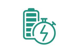 snel elektrisch opladen batterijpictogram. symbool voor snelle oplader voor elektrische stroomaccumulator. snelheid elektriciteit lading lineair teken. express energie opladen groen logo met bliksem in stopwatch. vector eps