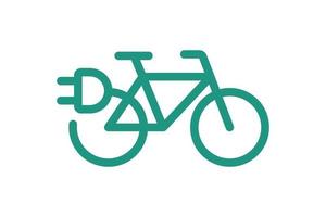 elektrische fiets icoon. groene kabel elektrische fietscontour en plug-oplaadsymbool. eco vriendelijke elektrocyclus voertuig teken concept. vector batterij aangedreven e-bike transport eps illustratie
