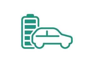 elektrische auto met volledig opgeladen batterij energie indicator groen lineair pictogram. elektrisch vervoer acculader symbool. volledig opladen elektrisch vermogen auto. milieuvriendelijk voertuig opladen teken vector