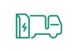 elektrische vrachtwagen opladen in lineair pictogram van het laadstation. elektrische vrachtwagen energie opladen groen symbool. milieuvriendelijk elektrisch voertuig opladen teken. vector batterij aangedreven ev transport eps logo