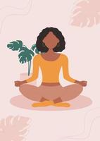 poster, spandoekontwerp met prachtige Afro-Amerikaanse vrouw die in de lotuspositie zit en mediteert. meditatie, gezonde levensstijl en yoga. vector illustratie