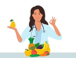 voedingstherapie met gezonde voeding en lichaamsbeweging. vectorillustratie in cartoon-stijl vector