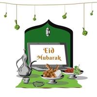 eid mubarak vector, illustratie en eten met islamitische lichten voor reclamemedia en ontwerpprojecten vector