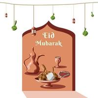 eid mubarak vector, illustratie en eten met islamitische lichten voor reclamemedia en ontwerpprojecten vector