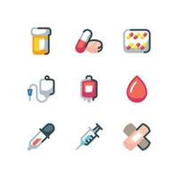 medische behandeling en drugs icon set met bloed en spuit vector iconen