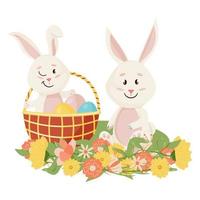 konijntjes karakter. zittend op het gras en lachen grappige, vrolijke Pasen cartoon konijnen met eieren, mand, bloem vector