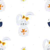 schattig paashaas naadloos patroon. cartoon slapende baby konijntje, stippen en bloemen. pastelkleurenpatroon voor kinderstof, inpakpapier, textielprint vector