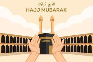 hadj mubarak plat ontwerp met handen biddende positie aan de voorkant heilige kaaba vector