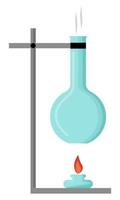 chemisch onderzoek. verhitten van de inhoud van de kolf met een laboratoriumbrander. vlak. vector illustratie