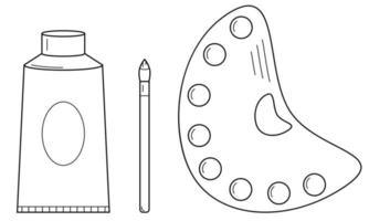 handgetekende set hulpmiddelen voor het schilderen met waterverf. palet met verf, penseel, buis. doodle schets. vector illustratie
