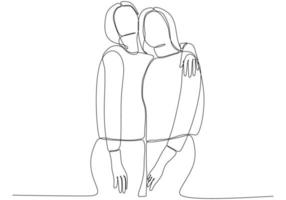 doorlopende lijntekening van vrolijke vrouwen die elkaar omhelzen. twee vrouwen die elkaar knuffelen vector