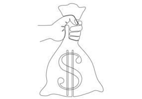 ononderbroken lijnhand die een zak dollarrekeningen houdt, vectorillustratieontwerp. hand collectie. vector