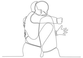 doorlopende lijntekening van vrolijke vrienden die elkaar omhelzen. twee jonge mannen omhelzen elkaar. voelde gelukkige vrienden ontmoeting met knuffel geïsoleerd op een witte achtergrond. knuffel. omarmen. vector