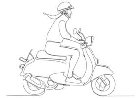 doorlopende lijntekening. mooi meisje op een scooter. vector illustratie