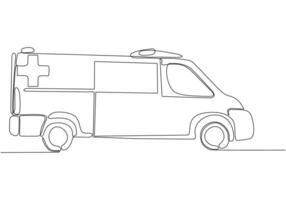 enkele lijntekening van ziekenhuisambulancevoertuig om kritieke patiënt te redden. 911 geïsoleerd minimalistisch concept. dynamische één lijntekening grafisch ontwerp vectorillustratie op witte achtergrond vector