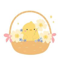 kawaii kuiken in de mand met bloemen. tekenfilm dier. handgetekende lenteplanten. Pasen vectorillustratie. vector