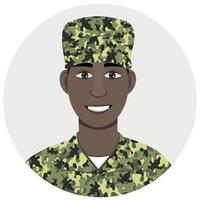 vector avatar van een donkere man in een groene camouflage-uniform, platte vector, isoleren op een witte achtergrond