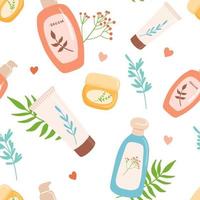 naadloos patroon. huidverzorgingsproducten illustratie, bodylotion, gezichtstoner en crème, vloeibare zeep. plat vector cosmetisch object in buis met bladeren