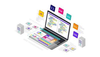 3d isometrische illustratie programmering website dashboard ontwikkeling. vector