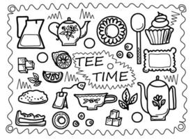 zwart-wit doodle stijl vectorillustratie met theekransje set, achtergrond voor restaurant of café menu vector