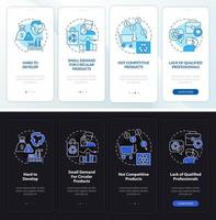 circulaire economie hapert nacht- en dagmodus aan boord van mobiele app-scherm. walkthrough 4 stappen grafische instructiepagina's met lineaire concepten. ui, ux, gui-sjabloon. vector