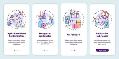soorten waterverontreiniging aan boord van het mobiele app-scherm. olievervuiling walkthrough 4 stappen grafische instructiepagina's met lineaire concepten. ui, ux, gui-sjabloon. vector