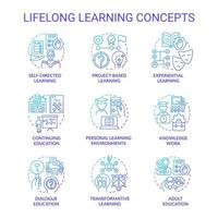 levenslang leren blauwe gradiënt concept pictogrammen instellen. volwassenenonderwijs. vaardigheden ontwikkeling idee dunne lijn kleurenillustraties. geïsoleerde symbolen. vector