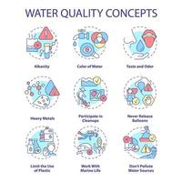 water kwaliteit concept pictogrammen instellen. water beschermen tegen vervuiling idee dunne lijn kleurenillustraties. strand opruimingen. geïsoleerde symbolen. bewerkbare streek. vector