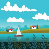 schattig zomerlandschap met een zeilboot en een rivier. kleine huisjes aan de rivier. platte vector concept illustratie.